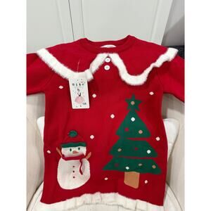 Girls Christmas Sweater Dress Red Snowman Tree Size 120 Fits 6-7 Holiday Cute